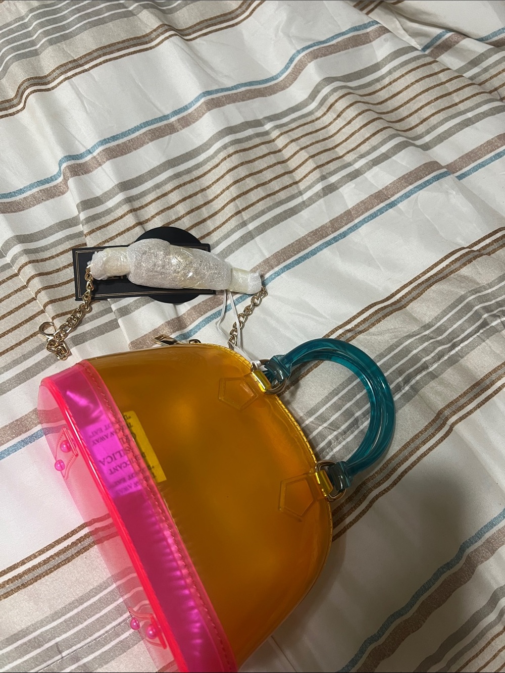 Transparent Orange Mini Dome Bag with Pink Trim and Teal Handle
